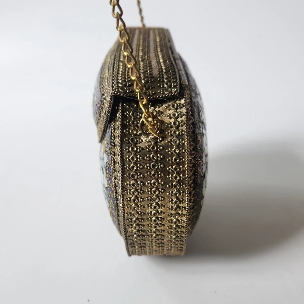 Vintage Handmade Brass Mother of Pearl Mosaic Crossbody Clutch Purse Bohemian